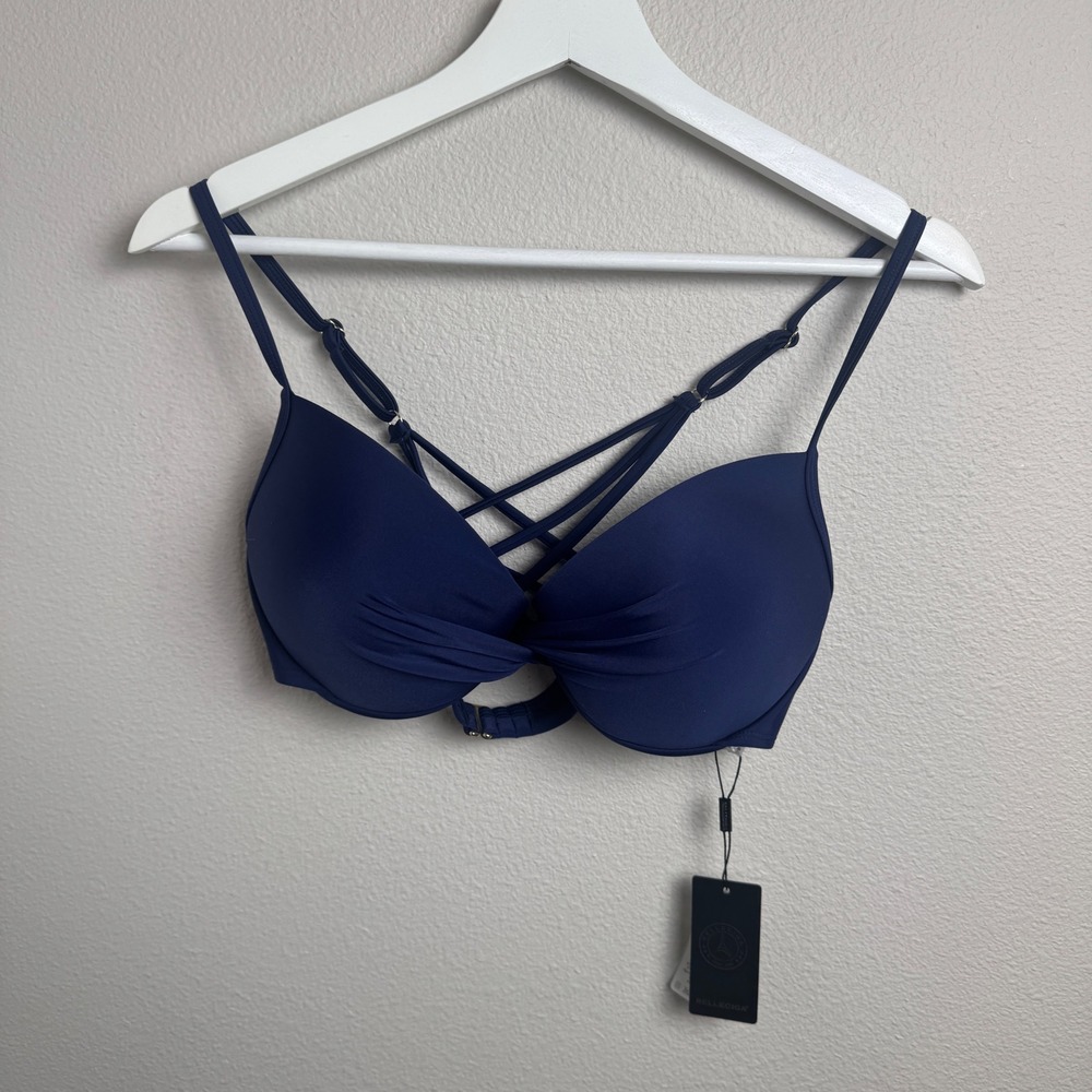 Relleciga Womens Navy Blue Twisted Front Crisscross Back Bikini Top Size XL NEW - Picture 4 of 7